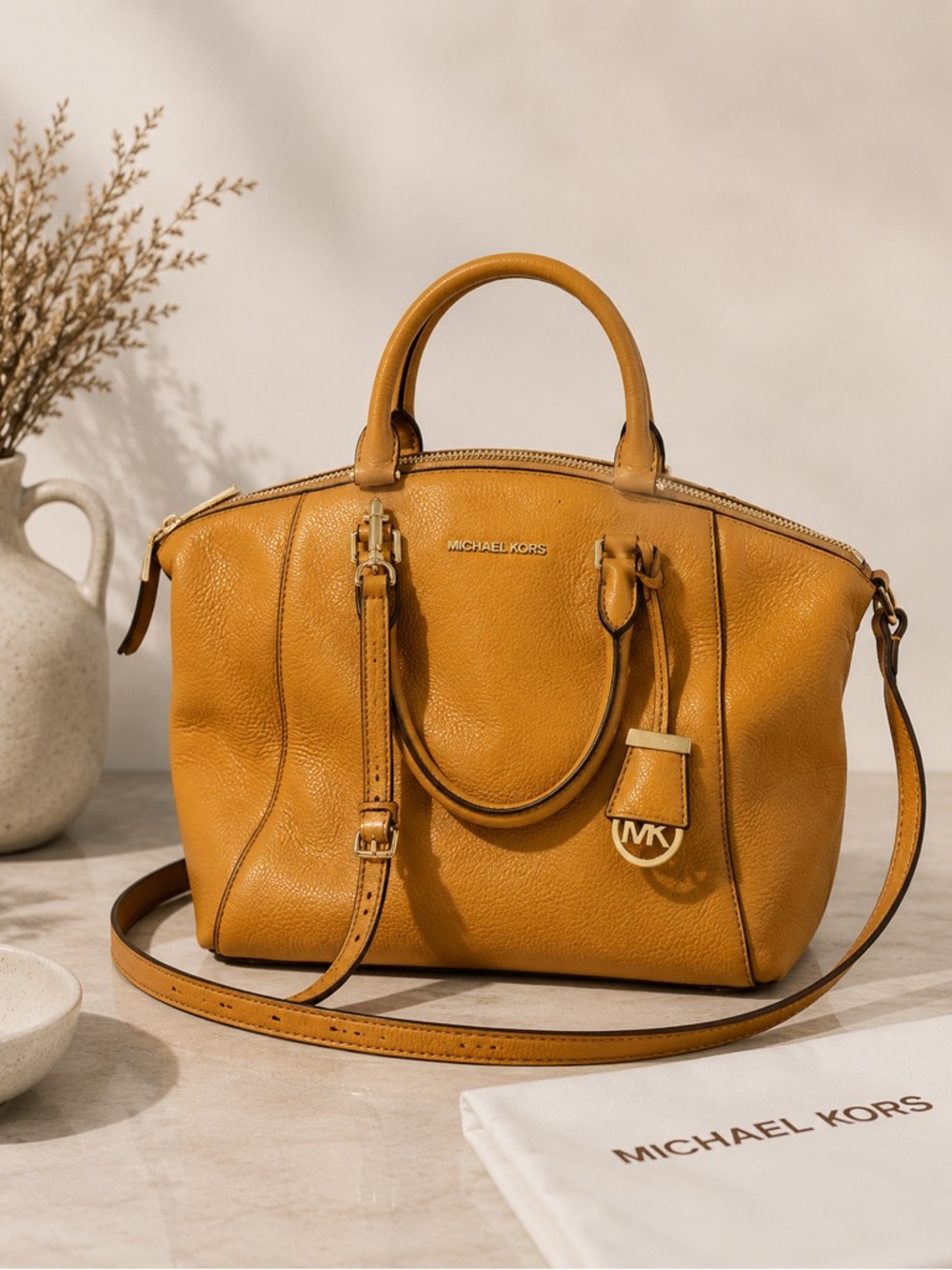 Michael Kors Pebbled Leather Satchel Crossbody Bag Mustard Tan Gold Hardware
